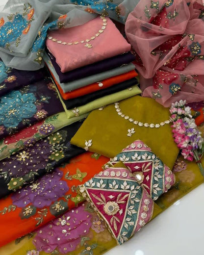 Handmade LCD Goota Work Organza Party Wear Heavy Beads Sleeves & Oil Painted Dupatta - - 2 Piece