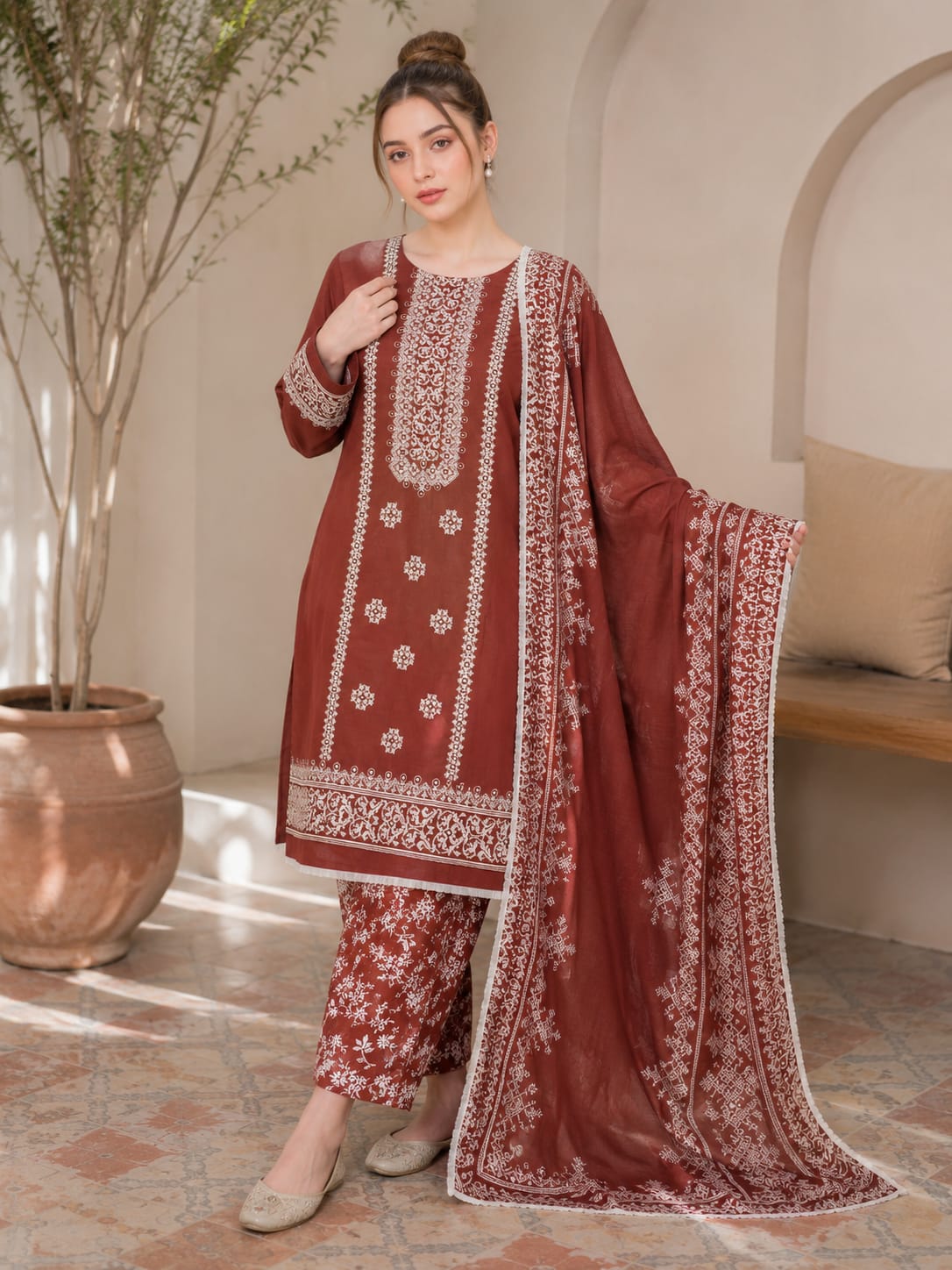 Fancy Style 3-Piece Lawn Suit – Embroidered Shirt with Printed Chiffon Dupatta