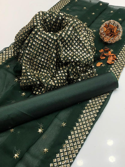 New Arrival 3-Piece Chiffon Sequin Dress | Kataan Silk Trouser & Border Work Dupatta