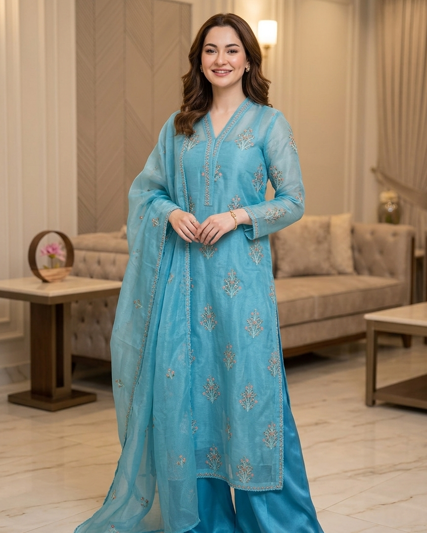 Khaadi Stuff Embroidered 3 Piece Suit – Embroidered Shirt, Dupatta & Kataan Trouser