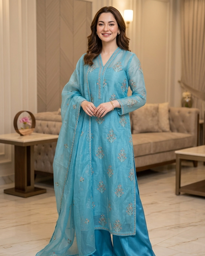 Khaadi Stuff Embroidered 3 Piece Suit – Embroidered Shirt, Dupatta & Kataan Trouser