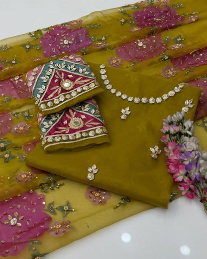 Handmade LCD Goota Work Organza Party Wear Heavy Beads Sleeves & Oil Painted Dupatta - - 2 Piece