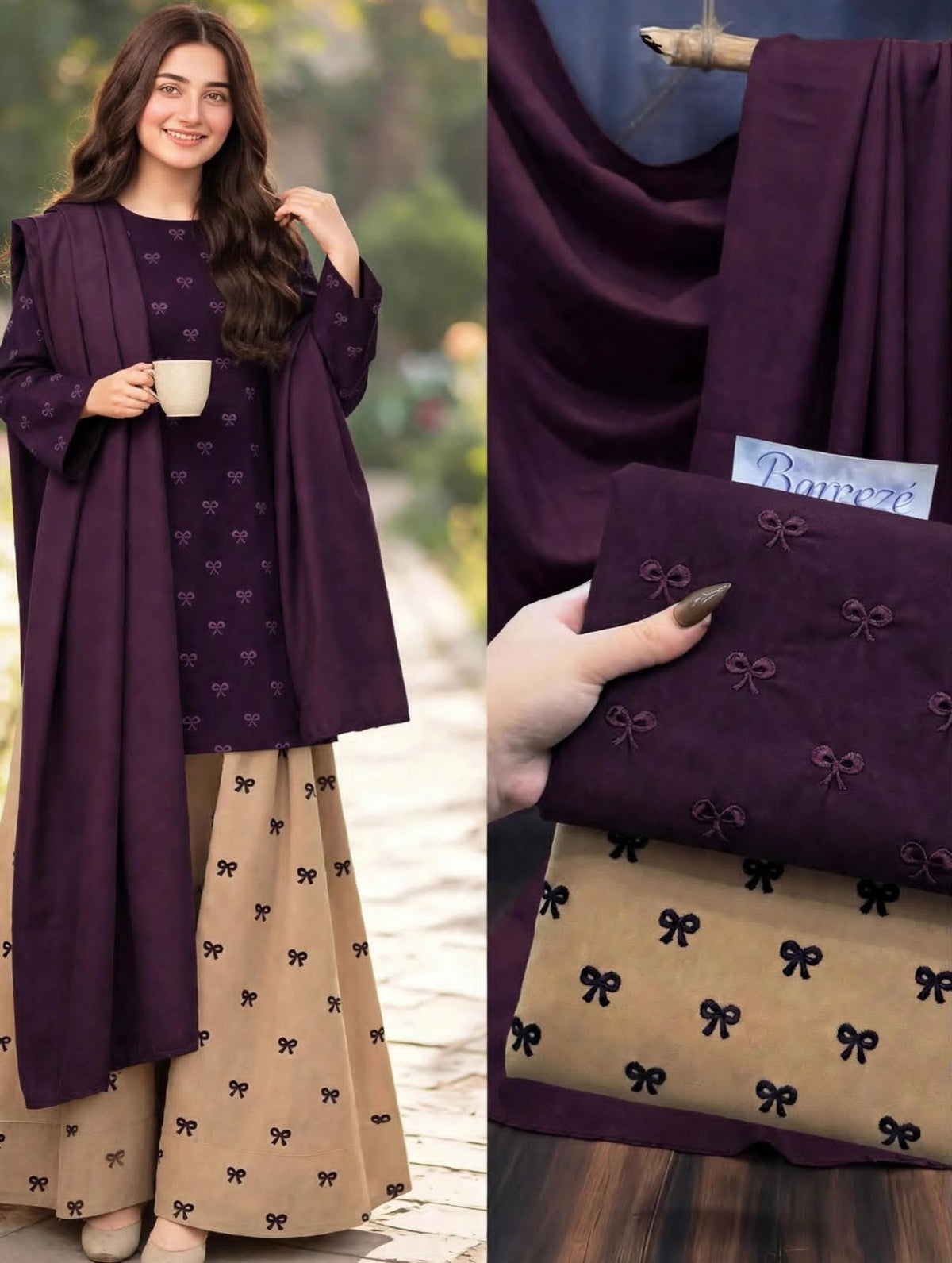 Ribbon embroidered dhanak-3 piece