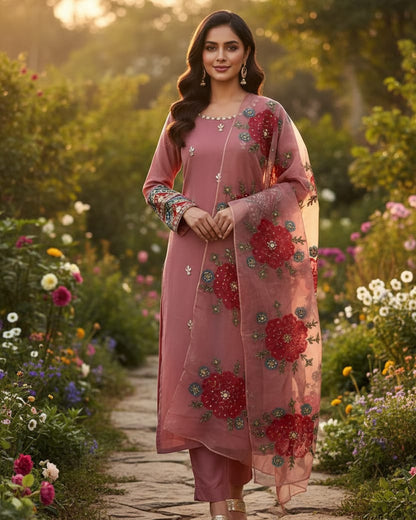 Handmade LCD Goota Work Organza Party Wear Heavy Beads Sleeves & Oil Painted Dupatta - - 2 Piece