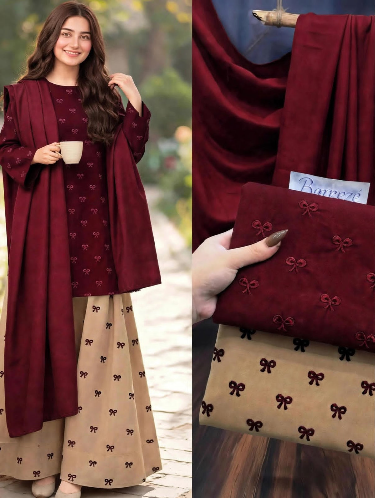 Ribbon embroidered dhanak-3 piece