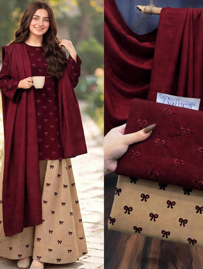 Ribbon embroidered dhanak-3 piece