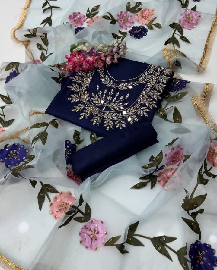 Mirror & Zari Work Katan Silk-3 Piece Dress with Organza Dupatta