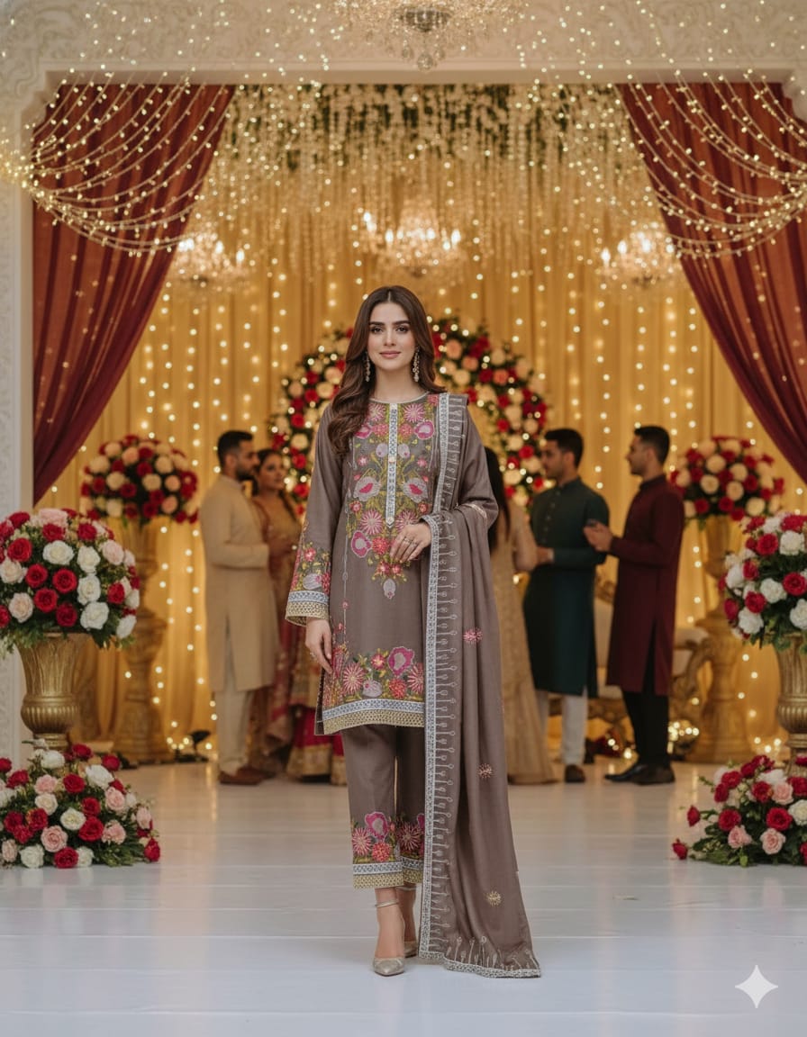 Dhanak emb 3 - Piece Semi stitched