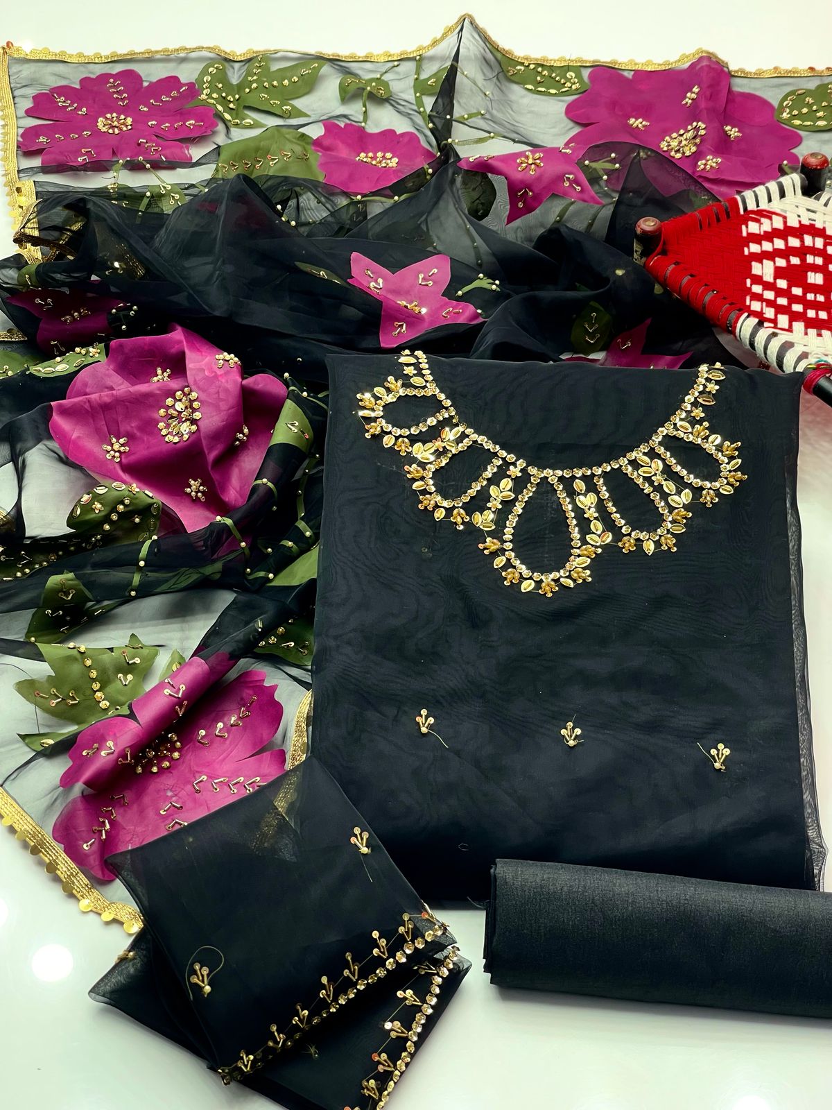 Handwork Stones & Beads Organza-3 Piece Dress with Zari Dupatta