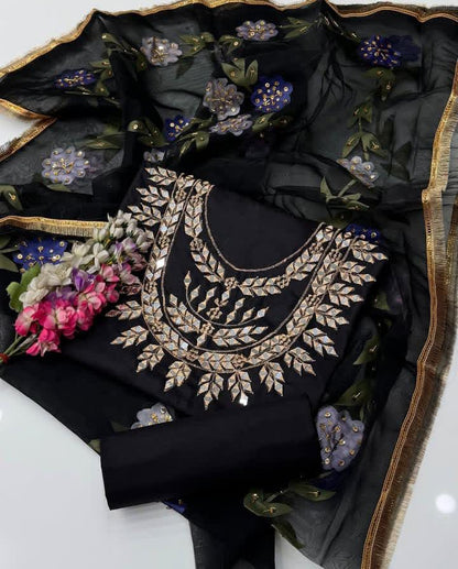 Mirror & Zari Work Katan Silk-3 Piece Dress with Organza Dupatta