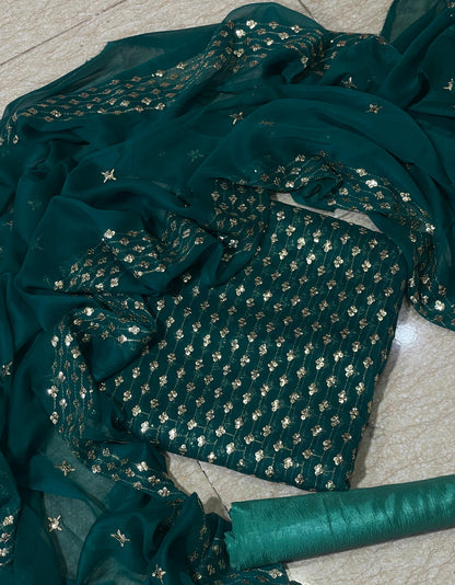 New Arrival 3-Piece Chiffon Sequin Dress | Kataan Silk Trouser & Border Work Dupatta
