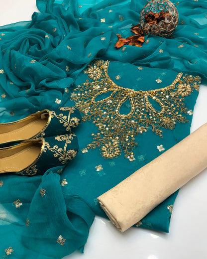 Chiffon Boti HandWork-3 Piece Dress with Khussa
