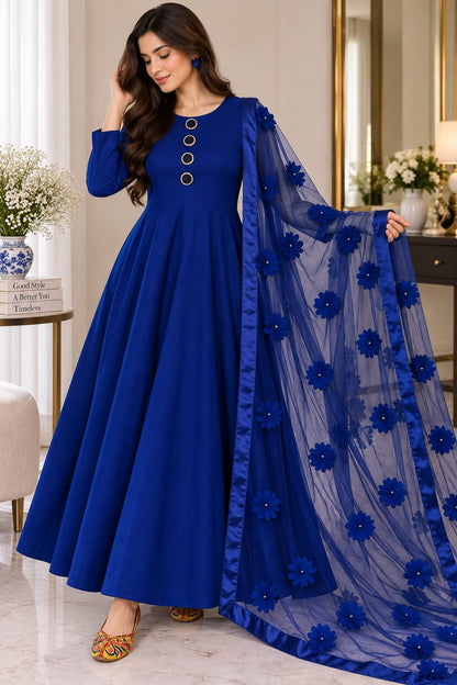 3D aplique flower duppata with plain katan silk unstitched 3-Piece Suit