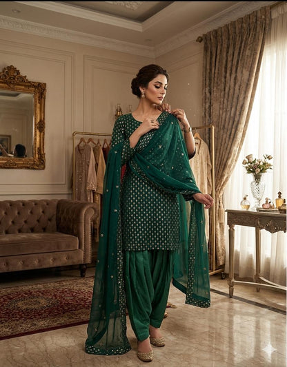 New Arrival 3-Piece Chiffon Sequin Dress | Kataan Silk Trouser & Border Work Dupatta