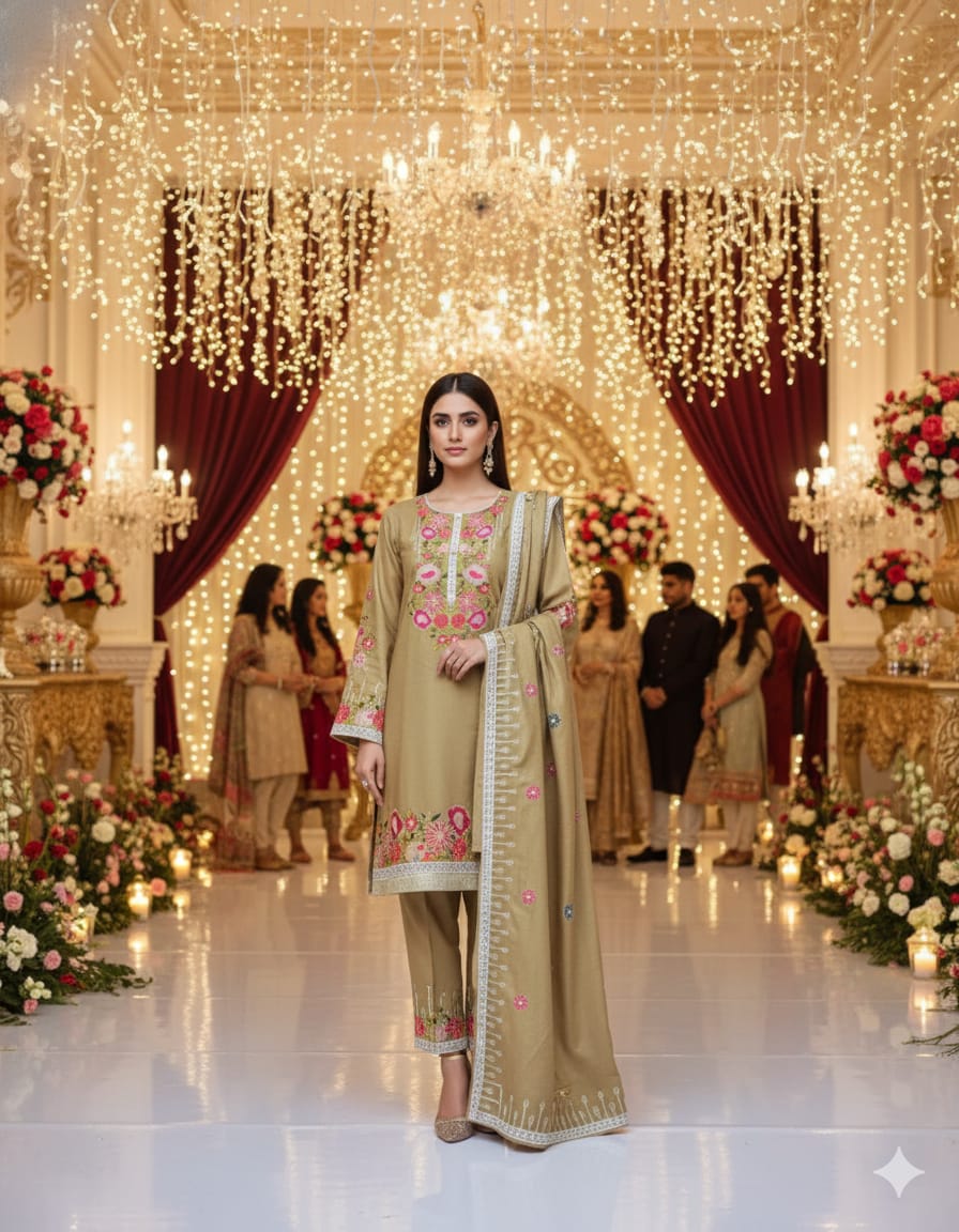 Dhanak emb 3 - Piece Semi stitched