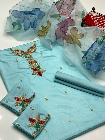 Katan Silk 3 Piece Dress – Beads Work Shirt, Sleeves Bunch & 3D Organza Dupatta