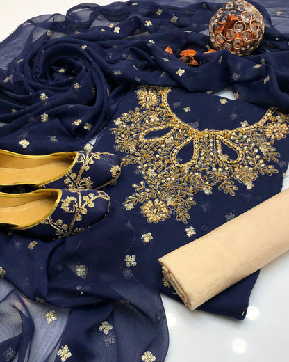 Chiffon Boti HandWork-3 Piece Dress with Khussa