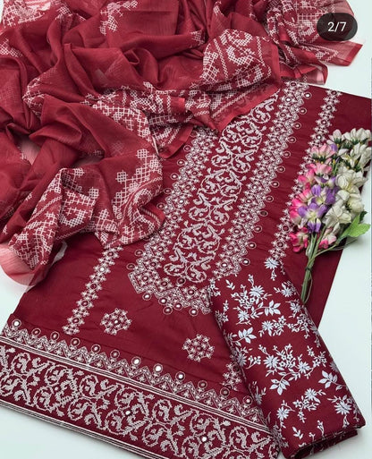 Fancy Style 3-Piece Lawn Suit – Embroidered Shirt with Printed Chiffon Dupatta