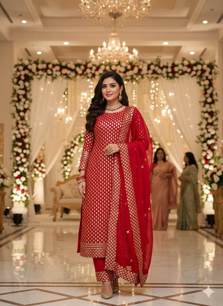 New Arrival 3-Piece Chiffon Sequin Dress | Kataan Silk Trouser & Border Work Dupatta