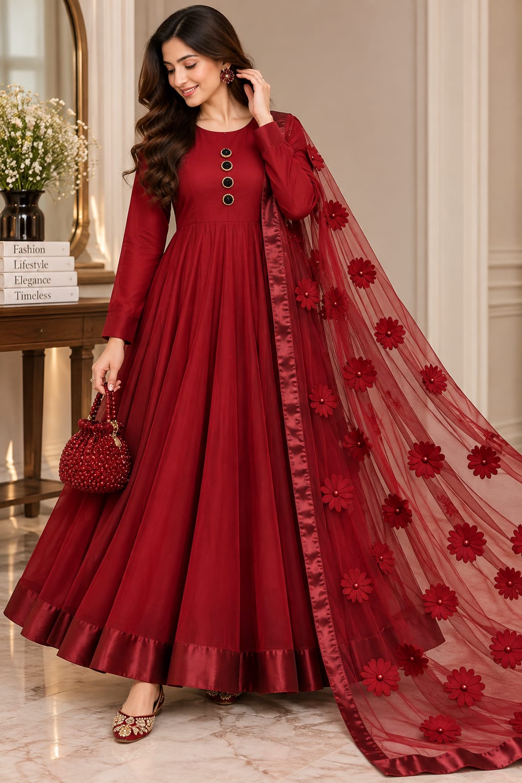 3D aplique flower duppata with plain katan silk unstitched 3-Piece Suit
