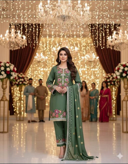 Dhanak emb 3 - Piece Semi stitched