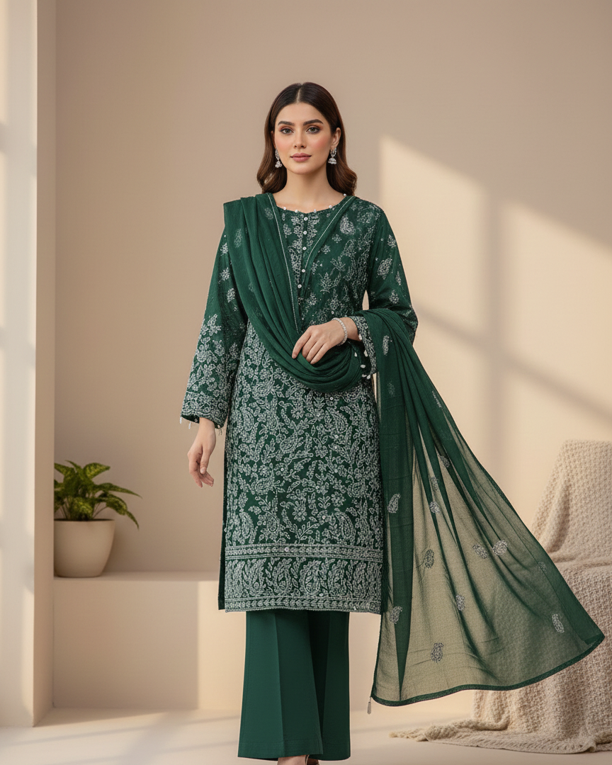 Woman wearing a green traditional outfit with a matching dupatta in a well-lit room.