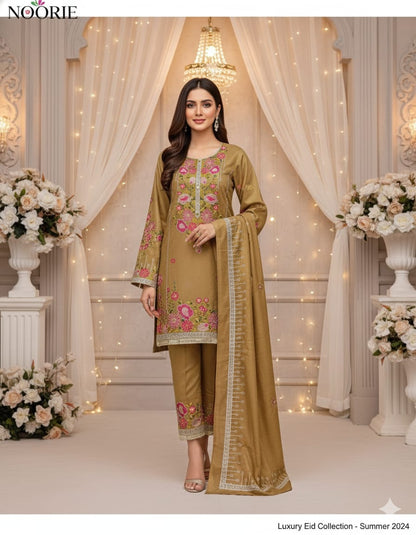 Dhanak emb 3 - Piece Semi stitched