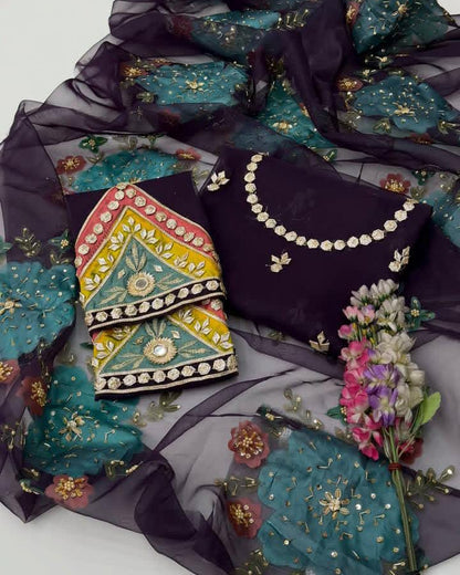 Handmade LCD Goota Work Organza Party Wear Heavy Beads Sleeves & Oil Painted Dupatta - - 2 Piece