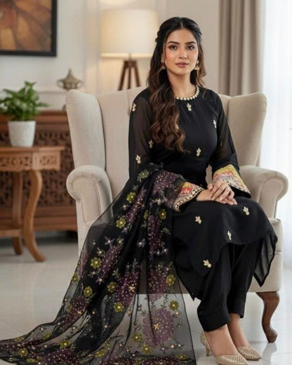 Handmade LCD Goota Work Organza Party Wear Heavy Beads Sleeves & Oil Painted Dupatta - - 2 Piece