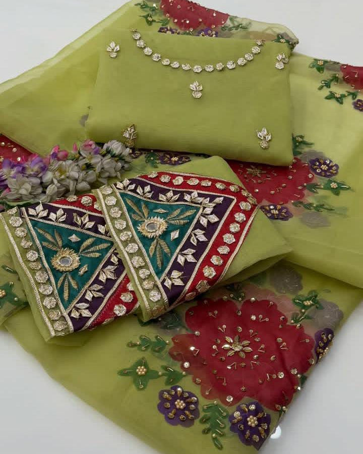 Handmade LCD Goota Work Organza Party Wear Heavy Beads Sleeves & Oil Painted Dupatta - - 2 Piece