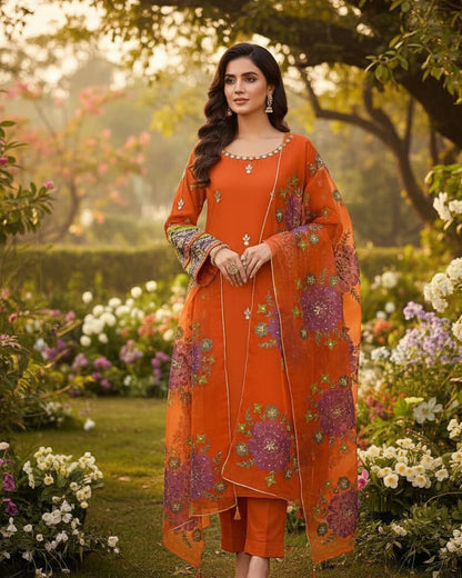 Handmade LCD Goota Work Organza Party Wear Heavy Beads Sleeves & Oil Painted Dupatta - - 2 Piece