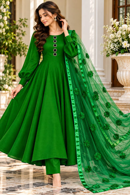 3D aplique flower duppata with plain katan silk unstitched 3-Piece Suit