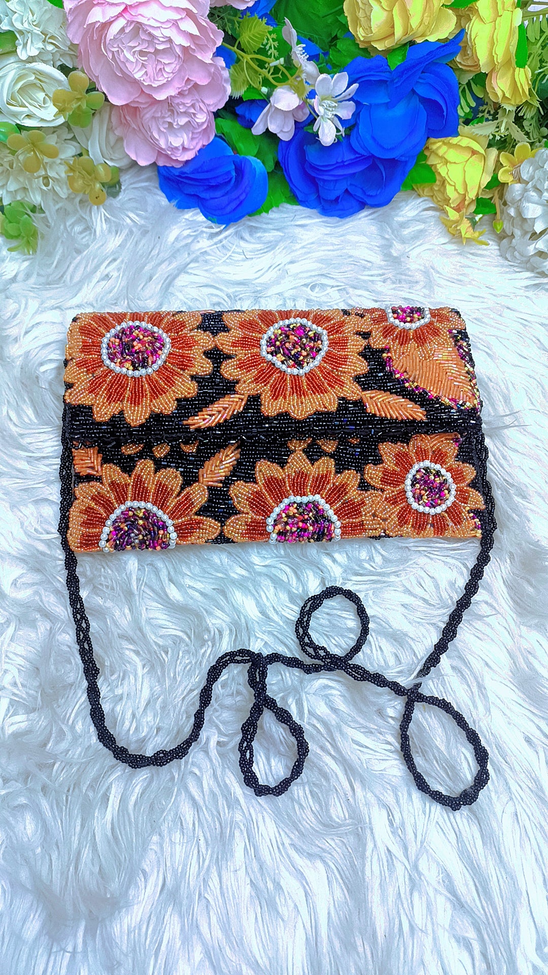Black Orange Sunflower Handmade Beaded Clutch | Floral Beaded Purse | Handmade