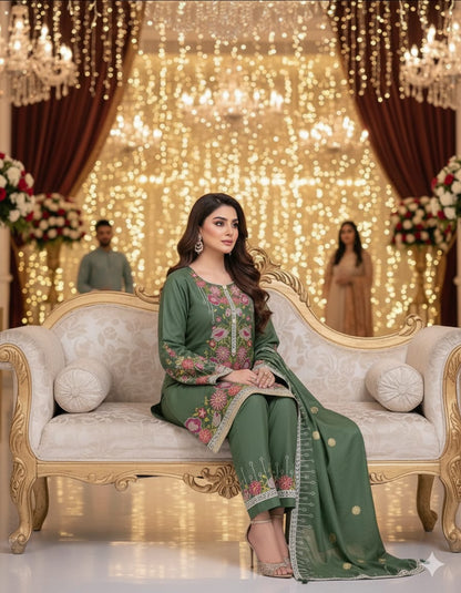 Dhanak emb 3 - Piece Semi stitched