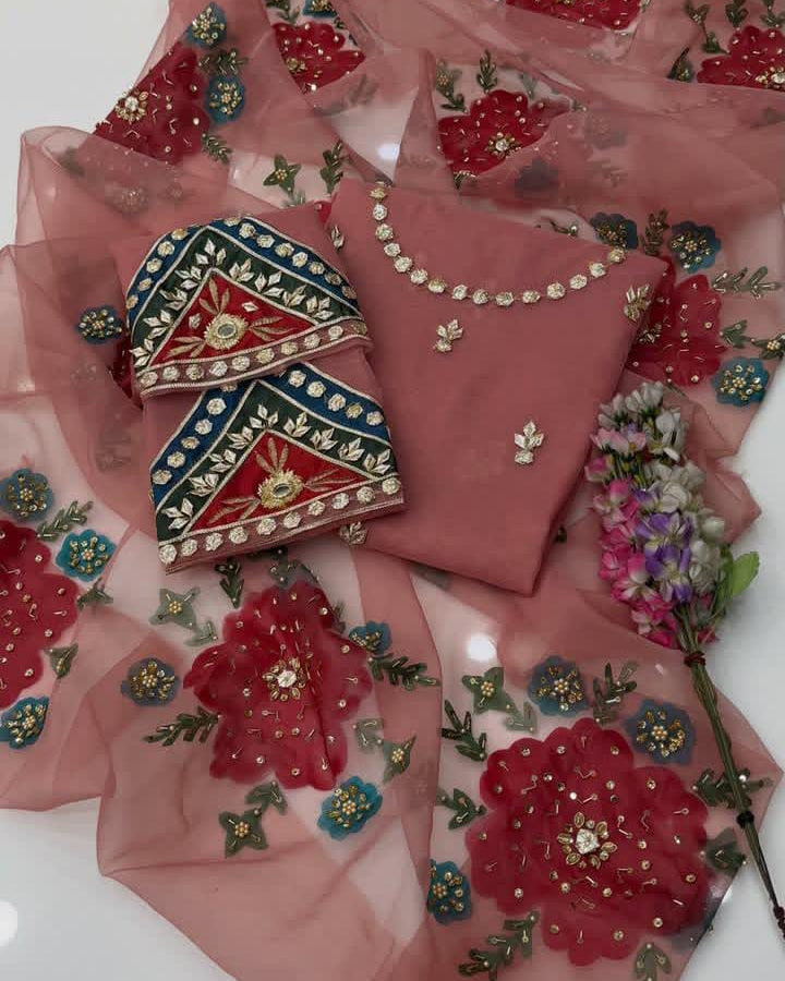 Handmade LCD Goota Work Organza Party Wear Heavy Beads Sleeves & Oil Painted Dupatta - - 2 Piece