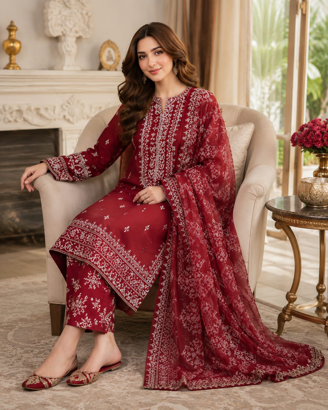 Fancy Style 3-Piece Lawn Suit – Embroidered Shirt with Printed Chiffon Dupatta