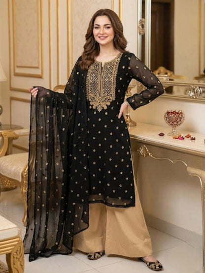 Chiffon Boti HandWork-3 Piece Dress with Khussa