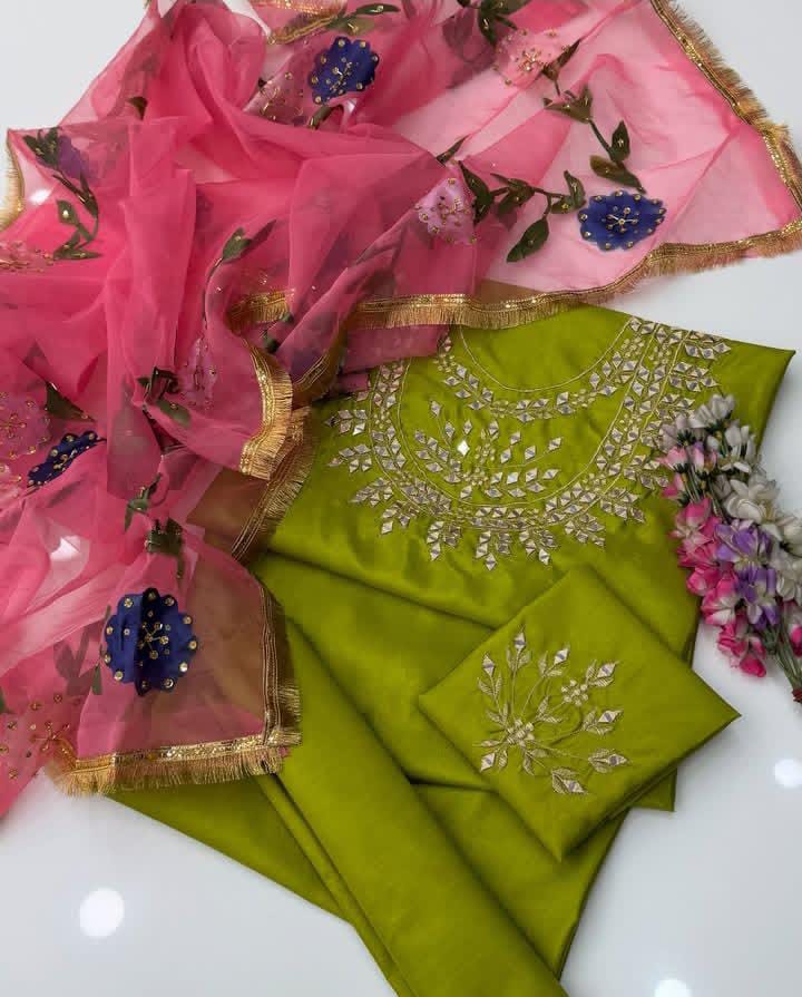 Mirror & Zari Work Katan Silk-3 Piece Dress with Organza Dupatta