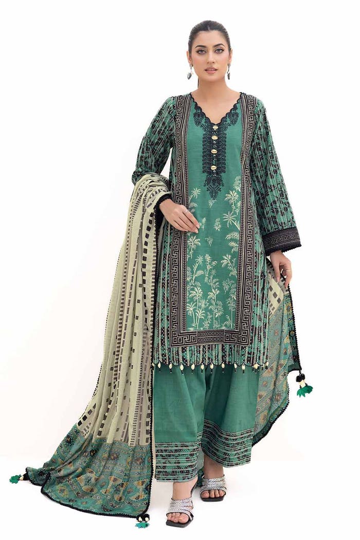 3 Piece Unstitched Embroidered Khaddar Suit with Printed Cotton Net Dupatta CN-42004