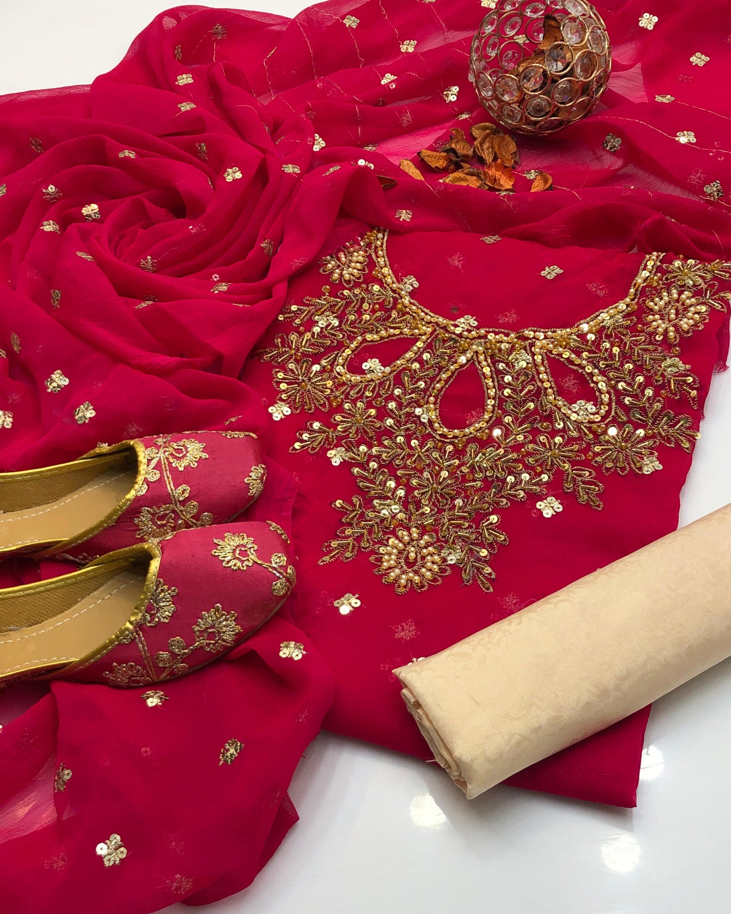 Chiffon Boti HandWork-3 Piece Dress with Khussa