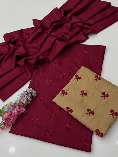 Ribbon embroidered dhanak-3 piece
