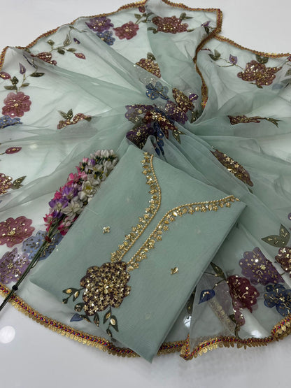Handwork Stones & Beads Organza Dress | 2 Piece