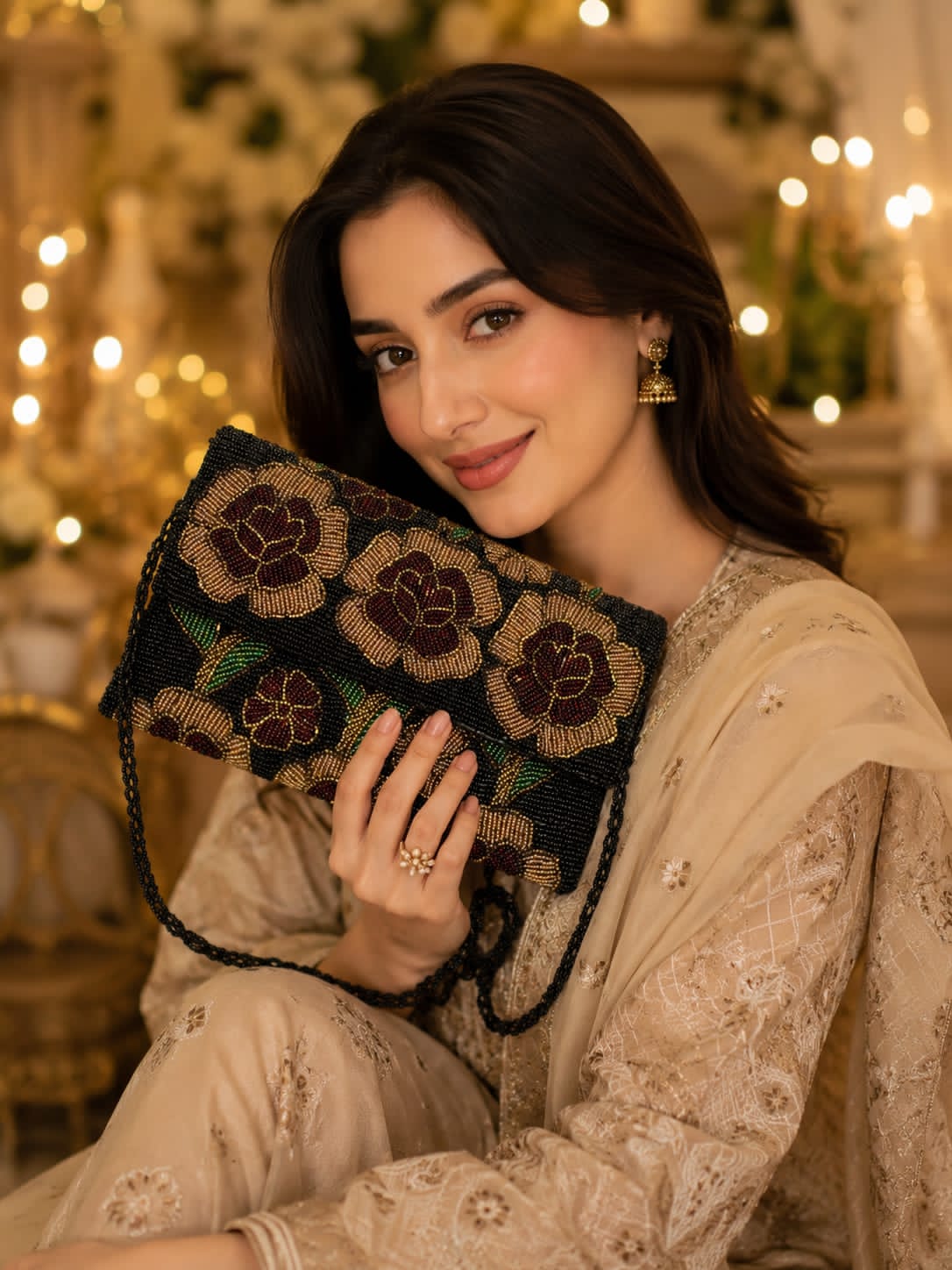 Black rose beaded clutch