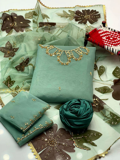 Handwork Stones & Beads Organza-3 Piece Dress with Zari Dupatta