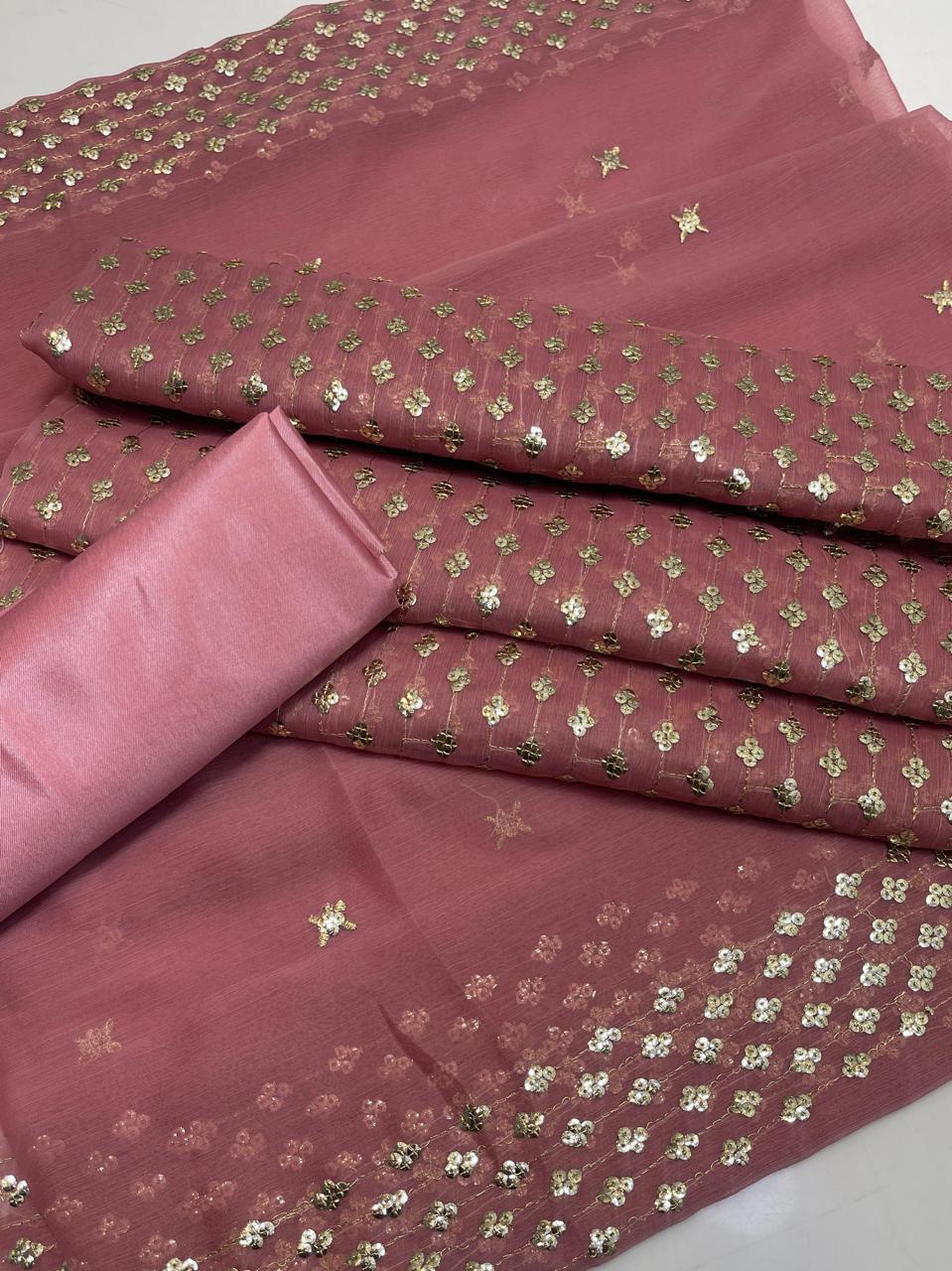 New Arrival 3-Piece Chiffon Sequin Dress | Kataan Silk Trouser & Border Work Dupatta