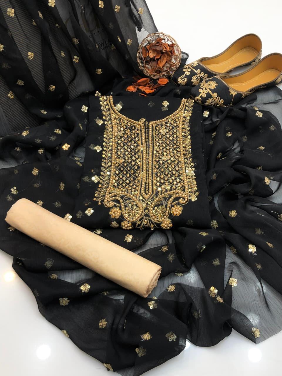 Chiffon Boti HandWork-3 Piece Dress with Khussa