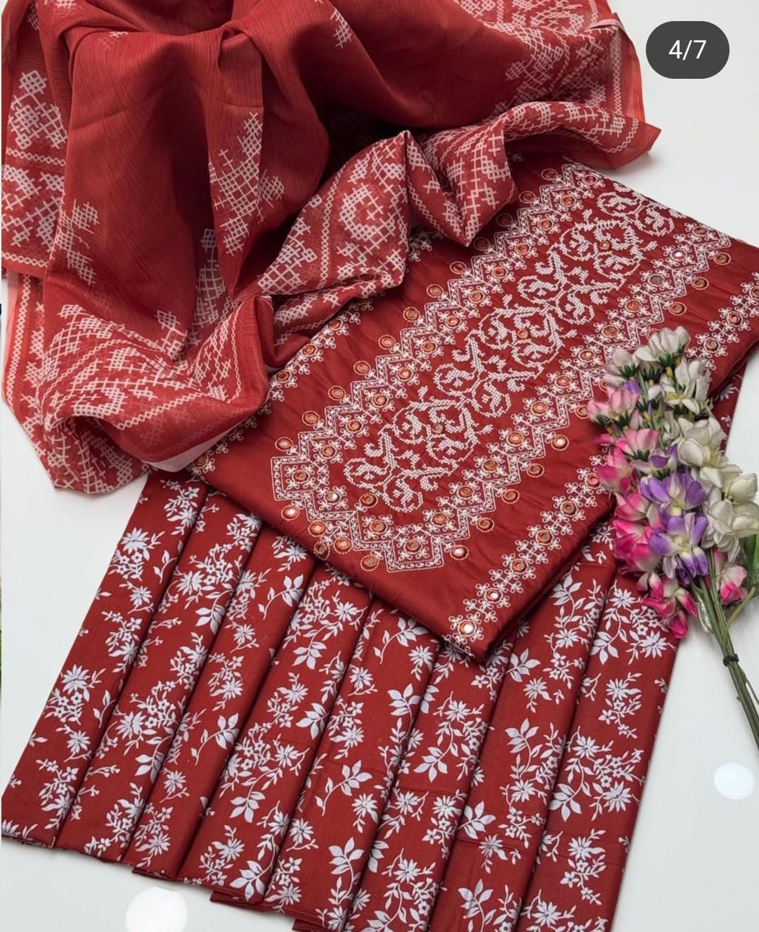 Fancy Style 3-Piece Lawn Suit – Embroidered Shirt with Printed Chiffon Dupatta