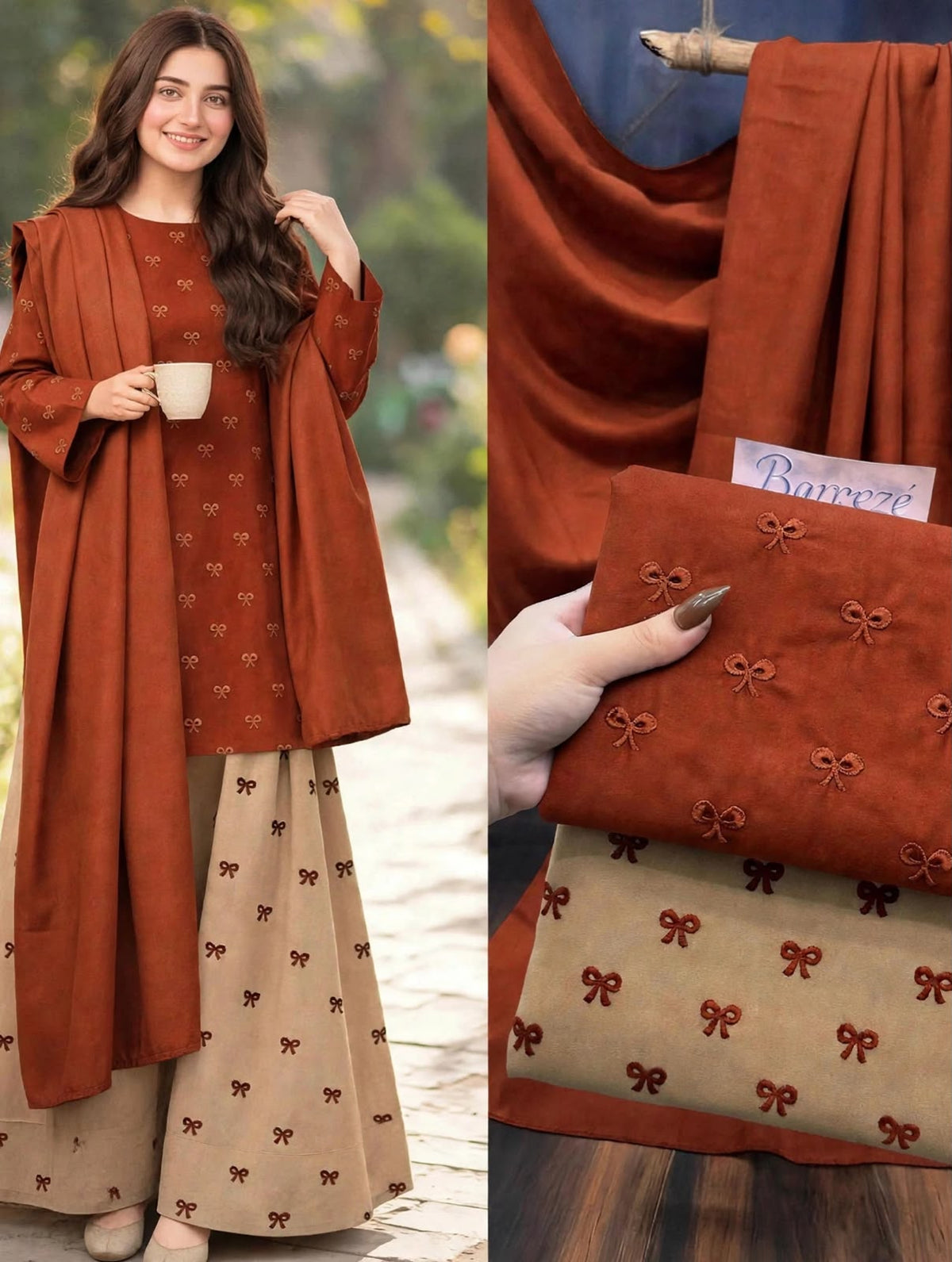 Ribbon embroidered dhanak-3 piece