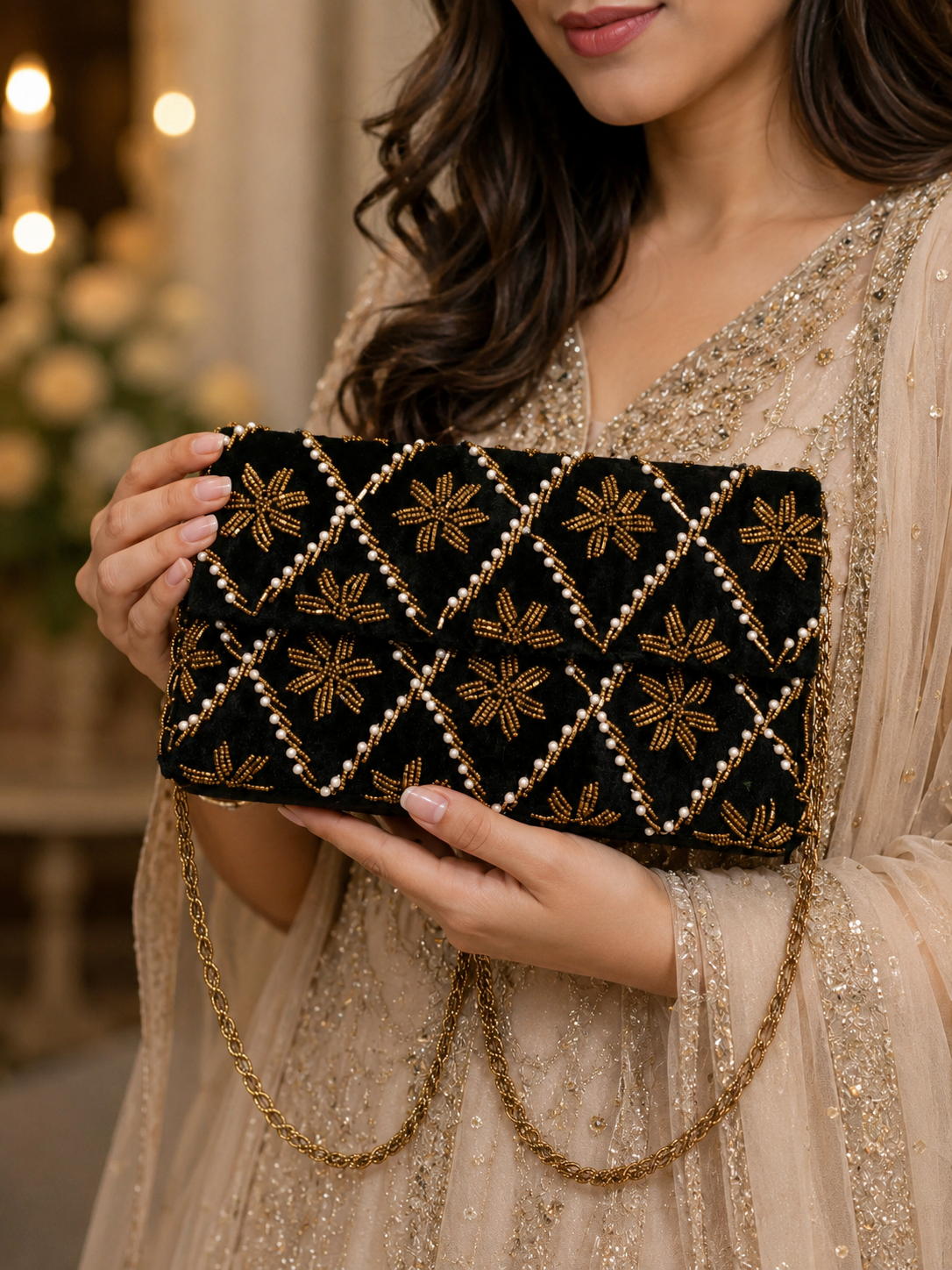 Velvet Green beaded clutch