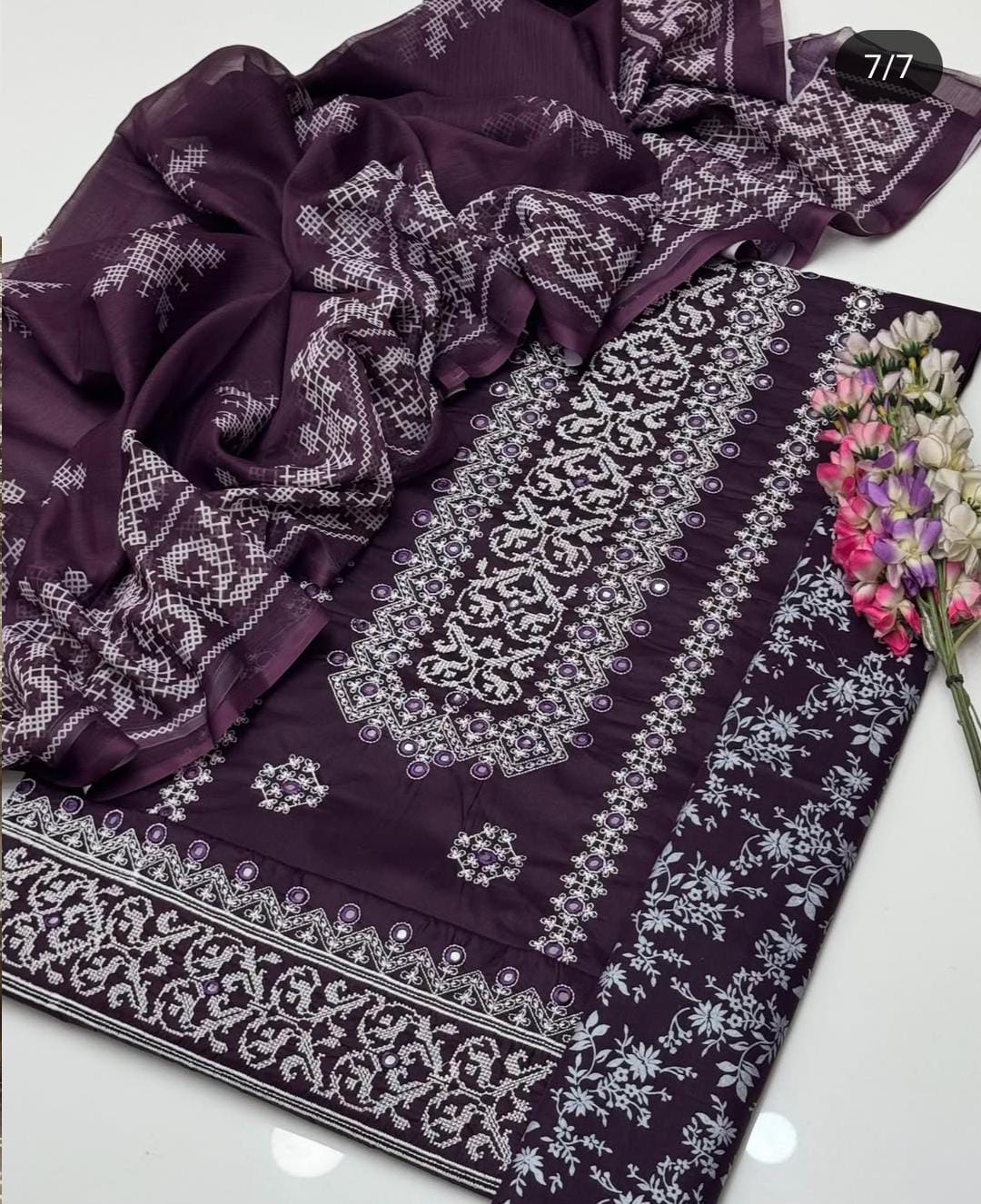 Fancy Style 3-Piece Lawn Suit – Embroidered Shirt with Printed Chiffon Dupatta